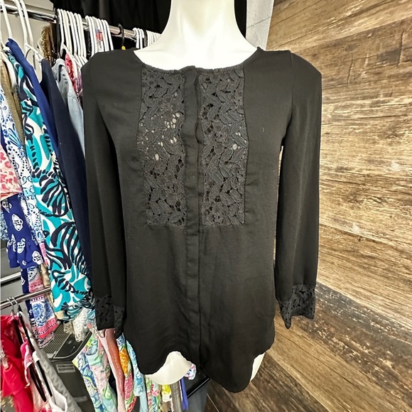 LC Lauren Conrad Lace Black 3/4 Sleeve Embellished Blouse - Picture 1 of 11